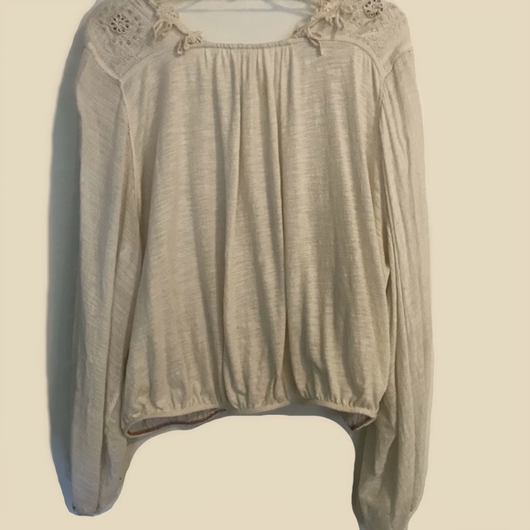 Free People Ivory Long Sleeve Lace Trim Top Sz L - Picture 2 of 5